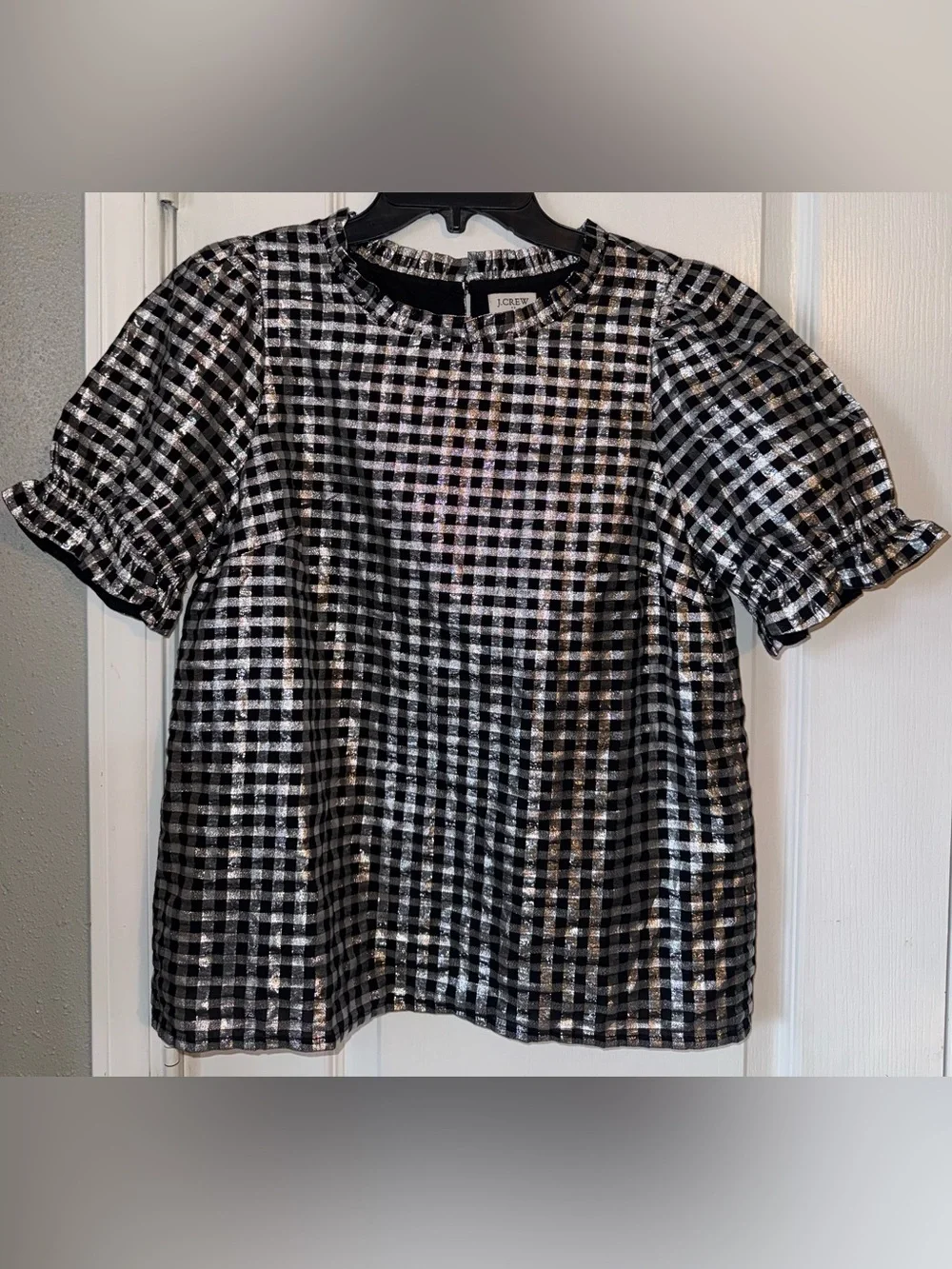 J.Crew Metallic Gingham Puff Sleeve Blouse Silver & Black Size S